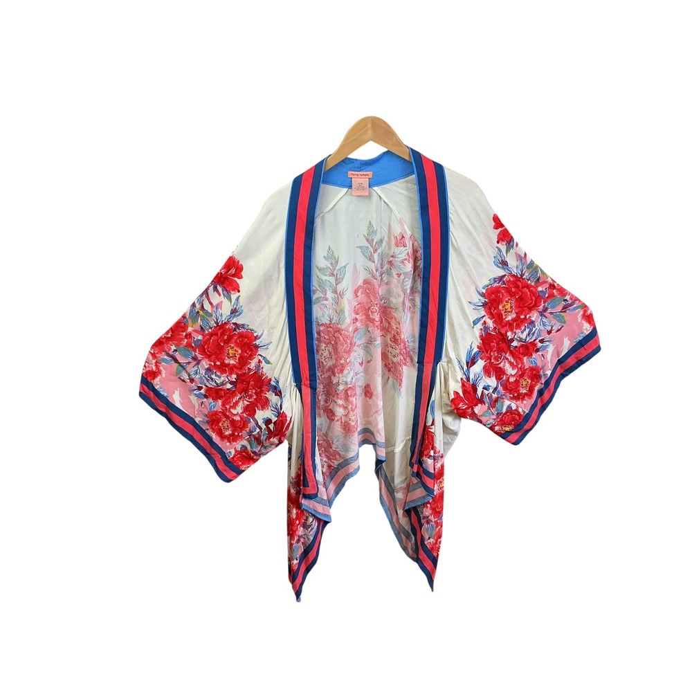 Flying Tomato Womens Floral Kimono Wrap Red Blue Striped Trim Rayon S/M - Picture 5 of 12